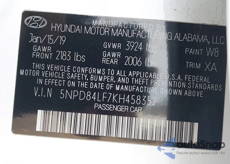 2019 Hyundai Elantra Sel from USA, damaged, VIN 5NPD84LF7KH458352